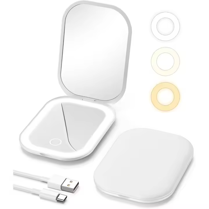 Espejo de maquillaje de viaje iluminado con luz y aumento, mini espejo LED recargable con aumento 3X para bolso, blanco - 1