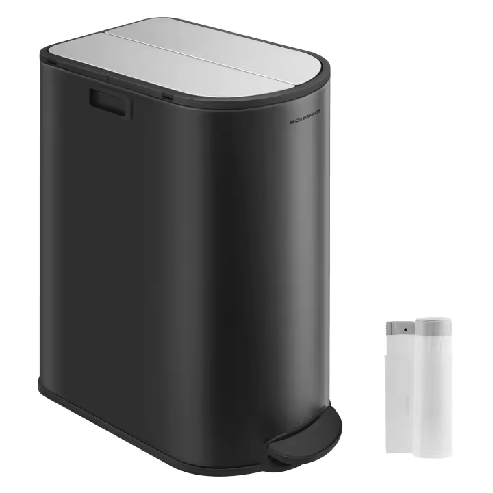 SONGMICS Cubo de Cocina Doble, 30 L y 20 L Doble Compartimento para Reciclaje y Basura, Cubo Basura Pedal con Tapa de Alas, Blanco Nube y Plata Metálico/Negro Tinta y Plata Metálico/Plata Metálico - 1