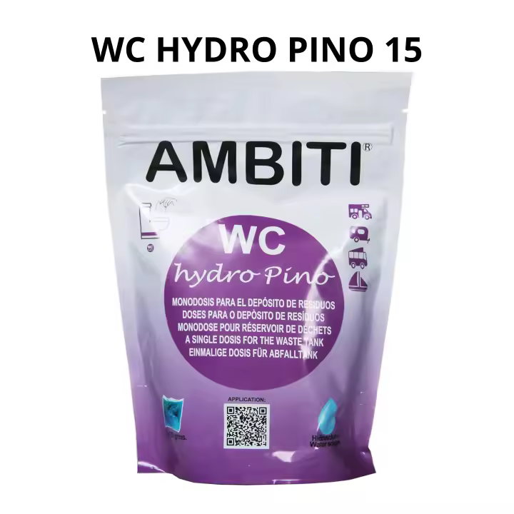 AMBITI WC Hydro  Bolsitas Monodosis Hidrosolubles  Inodoros Químicos Portátiles y Depósitos de Residuos  Aguas Negras  Camping-Cars  Disponible en Packs de: 15, 25 o 50 Monodosis  Fragancia a Pino - 1
