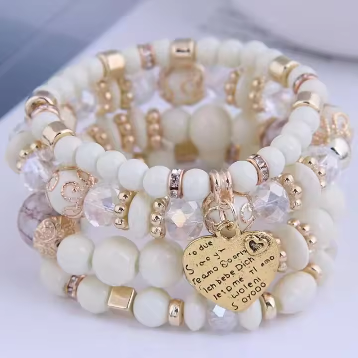4pcs/set Pulseras Boho Para Mujer Con Cuentas De Cristal Forma De Corazón Y Letras Bangles Elásticos Joyería De Yoga Regalos - 1