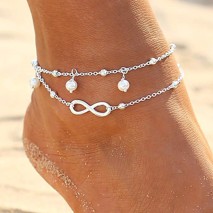 Pulsera de tobillo con cuentas de plata y doble tobillera estilo bohemio, cadena de cuentas, joyería para pies para mujeres y niñas