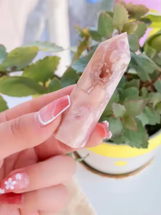 1PC Torre De Cuarzo Hermoso De Rosa Natural Sakura Agate Punto De Energía Rosa Gemas Reiki Decoración Para El Hogar - 1