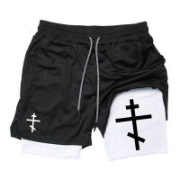 Shorts De Entrenamiento Para Hombre Con Estampado De Cruz Psalm 2 En 1 Running Performance Transpirable Con Bolsillo Para Teléfono Móvil Activewear - details 20
