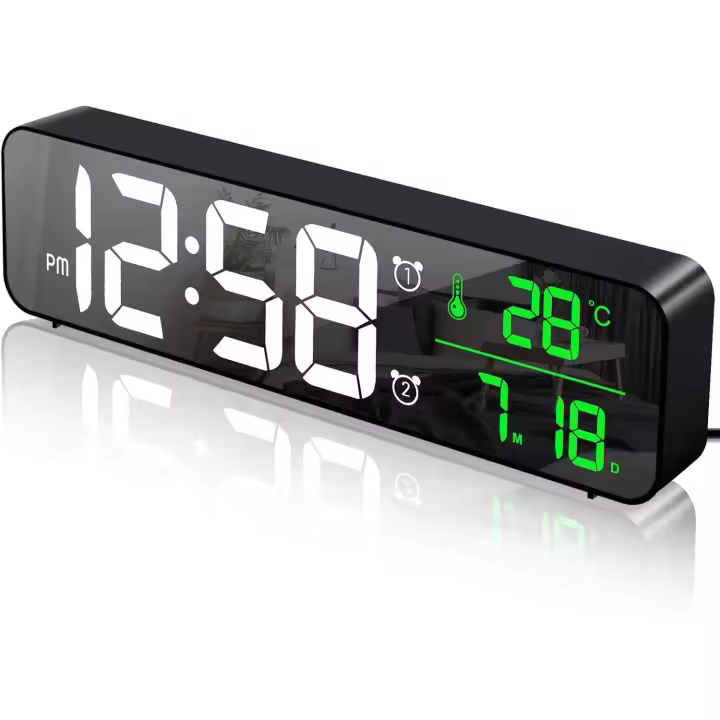 Reloj despertador digital, reloj de pared con espejo digital LED, pantalla grande con temperatura y fecha, 2 alarmas, 40 tipos de música, 6 niveles de brillo regulables, reloj USB para el hogar y la oficina, color negro - 1