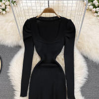 Vestido REALEFT De Mujer Otoño Invierno Con Cuello Cuadrado Manga Larga Y Acolchado De Puff Trasero Lateral Split Midi Casual - details 30