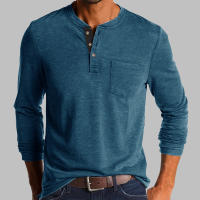 Camiseta De Hombre Elegante De Moda Primavera/Otoño Con Botones Collar Abierto Parcial Solido Con Bolsillo Manga Larga Top Para Comercio - details 5