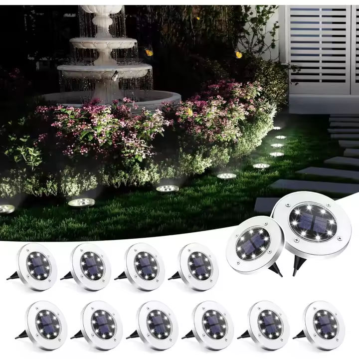 Luces solares para suelo, paquete de 12 luces solares para exteriores, impermeables, 8 LED, iluminación de paisaje con energía solar para jardín, patio, camino de entrada - 1