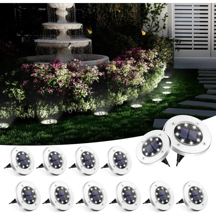Luces solares para suelo, paquete de 12 luces solares para exteriores, impermeables, 8 LED, iluminación de paisaje con energía solar para jardín, patio, camino de entrada - 1