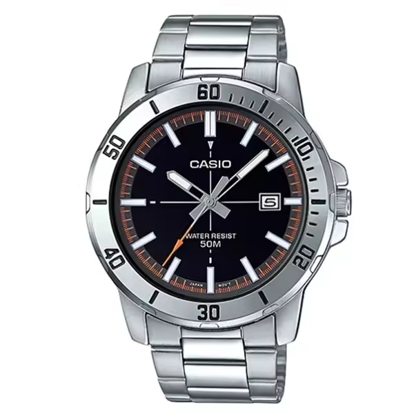 reloj deportivo hombre Casio MTP-VD01D-1E2 dial negro 45mm correa de acero hebilla triple pliegue resistencia al agua 50m - 1