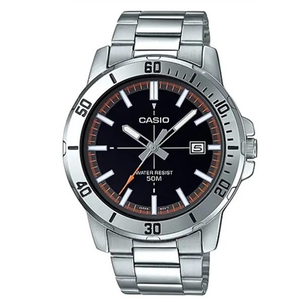 reloj deportivo hombre Casio MTP-VD01D-1E2 dial negro 45mm correa de acero hebilla triple pliegue resistencia al agua 50m - 1