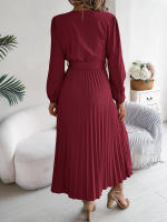 Vestido Elegante De Mujer Con Botones Y Cuello En V Manga Larga Plegado Con Cierre De Lazo Estilo Casual A-Line Para Primavera/Otoño - details 17