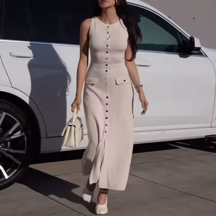 Vestido Largo De Verano Elegante Para Mujer Con Cuello Redondo Y Sin Mangas Tejido De Lana Chic Para Comunicación Traje Feminino - 1