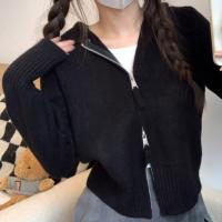 Chaqueta De Punto Corta Con Capucha Y Cremallera Estilo Minimalista Para Mujer Suave Estiramiento Ajustada Para Otoño - details 0