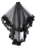 Vela De Novia Negra Con Encaje Corta VINOPROM Para Mujer Doble Capa Estilo De Borde De Encaje Hebilla Incluida Medio Largo - details 6