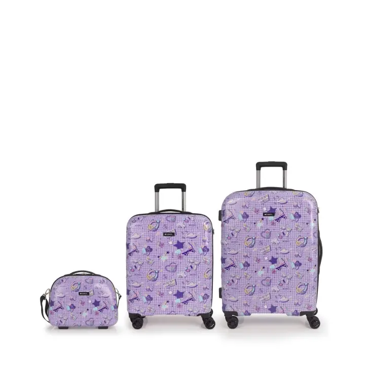 Set de Maleta de Cabina, Mediana y Neceser Gabol FUNNY - Colección Escolar con Ruedas Dobles y Cerradura TSA - ABS y Policarbonato - 3 Tamaños Disponibles - Ideal para Viajes - Color Lila - 1