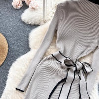 YuooMuoo Vestido Bodycon De Punto Elegante En Caqui Y Negro Para Mujer Estilo Lady Oficina Ajustado Con Cinta Y Abertura Al Final De Otoño E Invierno - details 9