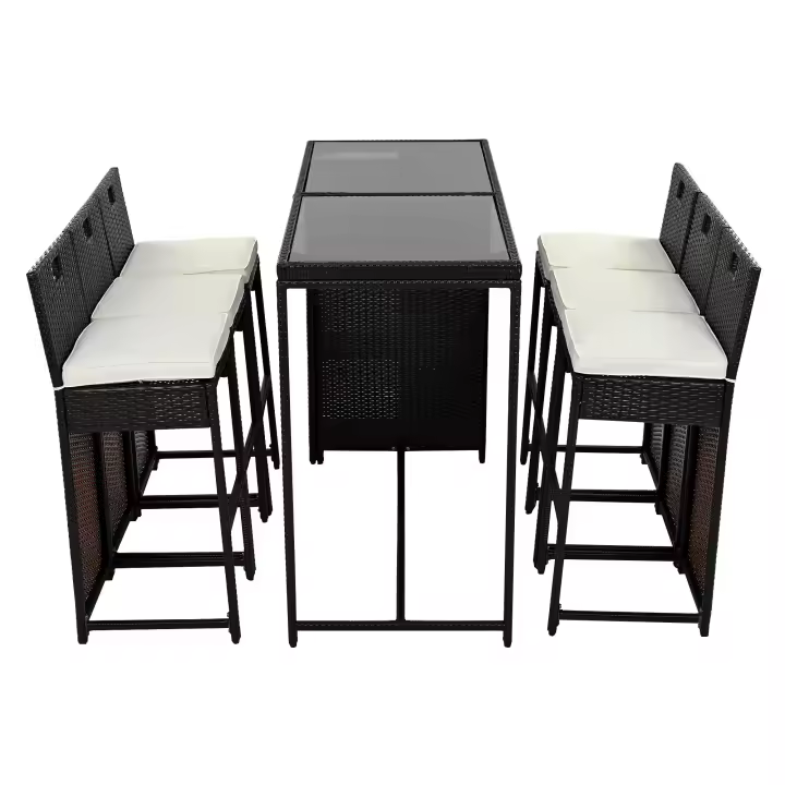Set de Bar de Jardín de 7 Piezas with Cepillos, Espacio para Estantes, Tabla de Mesa de Cristal Templado, Ratán de Poliéster, Mezclas de Negro y Marrónnegro - 1