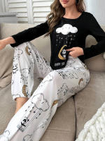 Conjunto De Pijamas Para Mujer Con Estampado De Panda Y Nube Larga Manga Cuello Redondo Y Joggers Elásticos Dormitorio Cómodo De Poliéster Y Elástano - details 1
