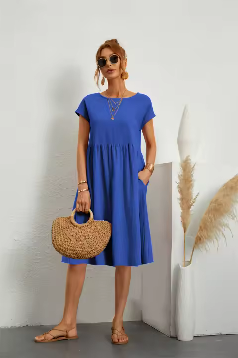 Vestido Casual Para Mujer Verano Estilo Vintage Color Sólido Comodidad Largo Rodilla Con Bolsillos O-Neck Blusa De Algodón Y Poliéster - 1