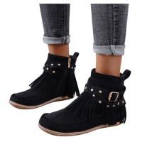 Botas De Mujer Retro Sólidas Con Flecos Y Cierre De Cremallera Botines Planos De Tacón Bajo Para Otoño Y Primavera - details 8
