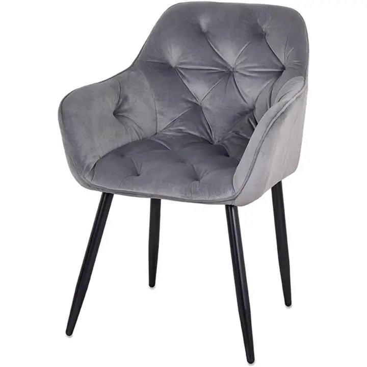 Sillón Gris Terciopelo Capitoné con Brazos y Pata Negra Leonor - 1