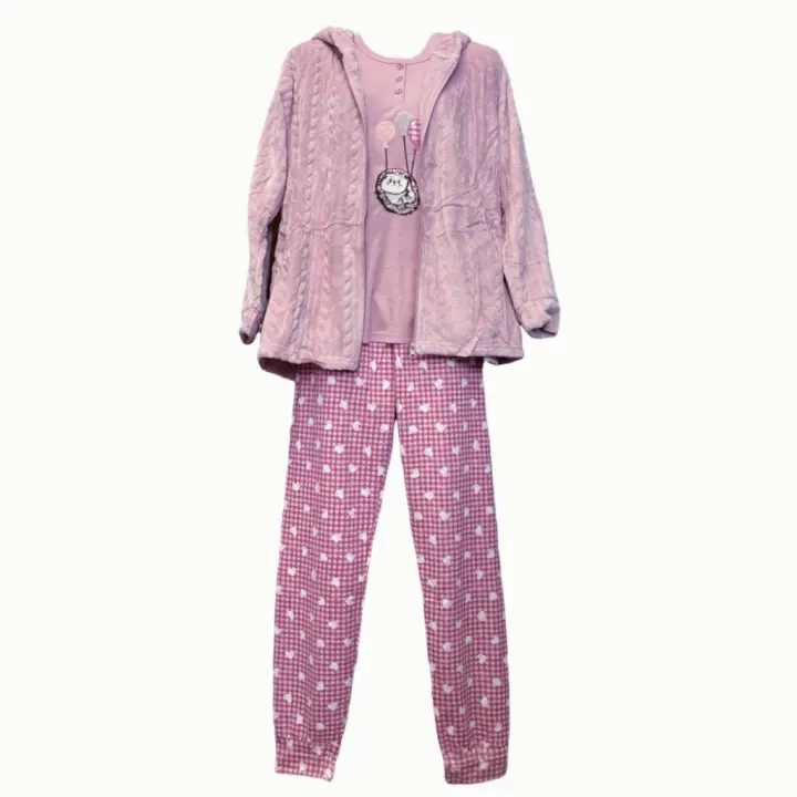 pijama de mujer de 3 piezas - camiseta y pantalon manga larga de algodon - bata estilo corto de coralina con cinturón y bolsillos,  grueso y cálido, suave y cómodo para dormir, ropa de hogar - Adecuado para otoño e invierno - 12617 - 1
