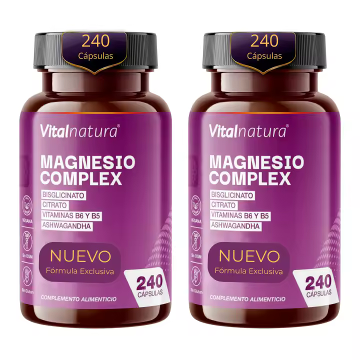 Magnesio Complex Vitalnatura | Citrato 1593 mg + Bisglicinato 600 mg (375mg Elemental) + Vitaminas B5, B6 y Ashwagandha Pura | Potencia y Energía Natural, Reduce el Estrés y el Cortisol, Músculos Fuertes, Sueño Reparador y Relajante | 240 Cápsulas - 1