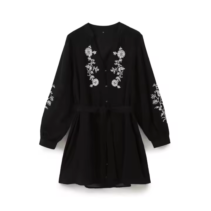 Vintage Women Front Button With Belt Floral Embroidery Short Dress Long Sleeve V Neck Autumn Casual Dress Black - 1