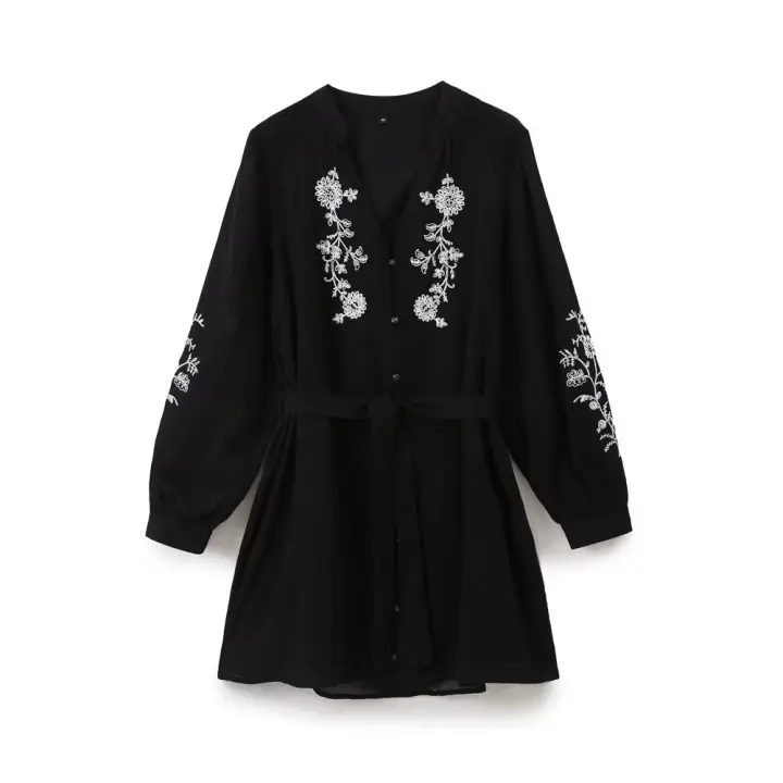 Vintage Women Front Button With Belt Floral Embroidery Short Dress Long Sleeve V Neck Autumn Casual Dress Black - 1
