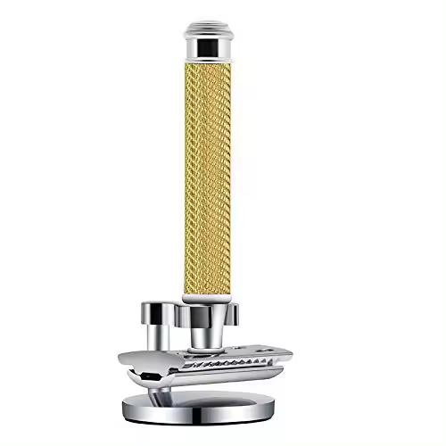 Cepillo De Barba De Seguro De Hoja Sola Premium Para Hombres Con Soporte Y 5 Hojas De Plata Doble Cuchilla De Afeitar De Aluminio Y Latón - 1