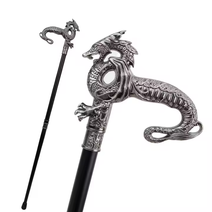 Bastón De Moda Dragón Plateado Elegante 93cm Tacón De Goma Manija Recta De Acero Para Hombres Decoración De Callejero - 1