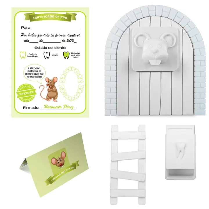 Raton Pérez Puerta mágica para pintar, Caja para el Diente, Escalera, 4 certificados de Diente Limpio. Regalo Original para niño y niña. MFS Myfuturshop® - 1