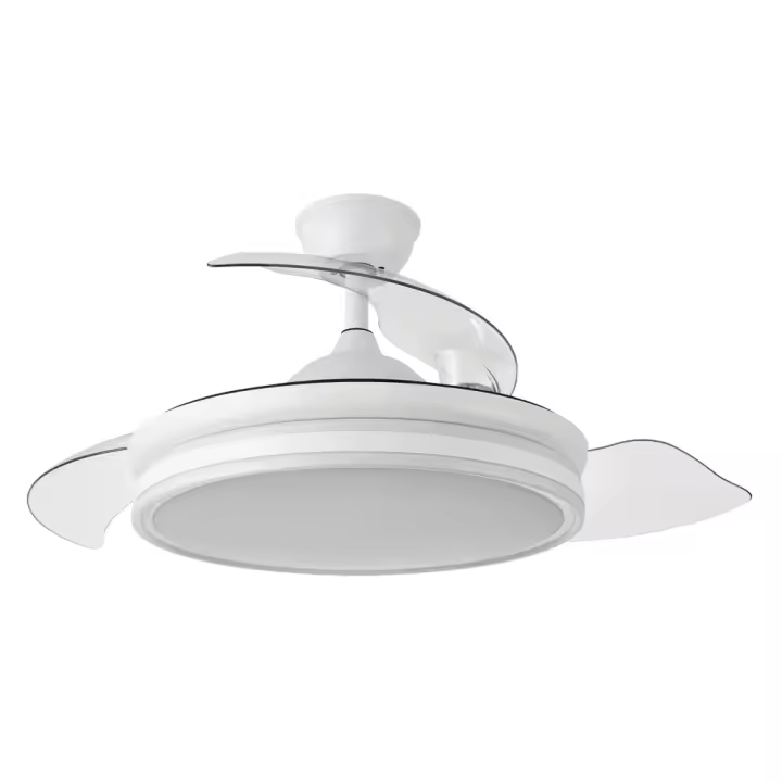 Ventilador de techo BAYOMO NEW DC 59w 6980lm Blanco, 4 Aspas Desplegables, Regulación de Intensidad y Tono de Luz 3000K, 4000K, 6000K Con Mando a Distancia. Medidas 34,5/42x50Ø/107Øcm - Abrila - Fabrilamp - Dimable. Incluye dos tijas. 12,5cm y 25c - 1