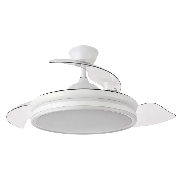 Ventilador de techo BAYOMO NEW DC 59w 6980lm Blanco, 4 Aspas Desplegables, Regulación de Intensidad y Tono de Luz 3000K, 4000K, 6000K Con Mando a Distancia. Medidas 34,5/42x50Ø/107Øcm - Abrila - Fabrilamp - Dimable. Incluye dos tijas. 12,5cm y 25c - 1