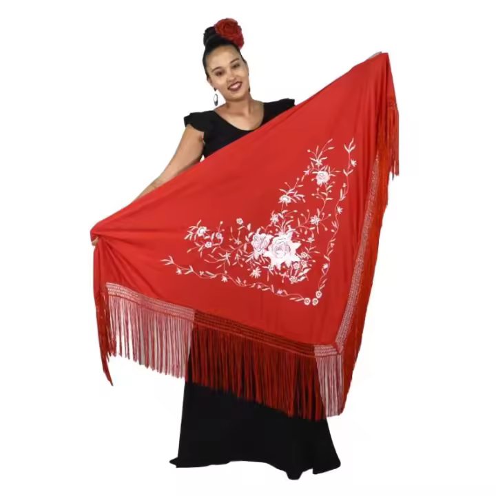 ANUKA Mantón de Manila Español Triangular Bordado de Flores para Baile Flamenco - 1