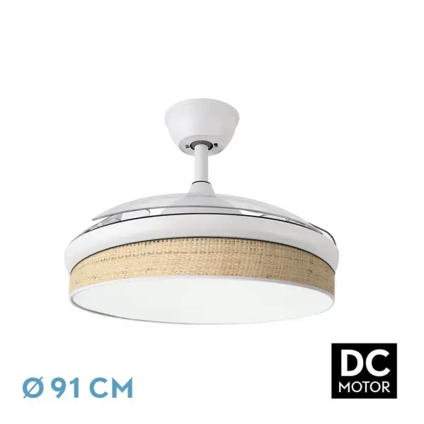 Abrila - Ventilador DC MODA |   Color Blanco con tres cuchillas desplegables ABS y difusor de caña transparente |   6 velocidades ajustables |   3 temperaturas de luz |   con Temporizador y Mando a Distancia Incluido - 1