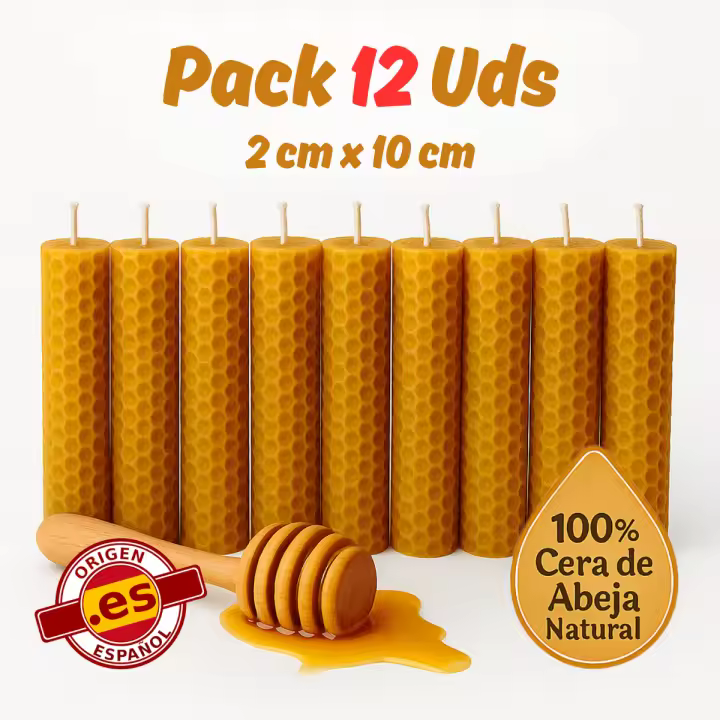 Vadeincienso - Lote de 12 Velas de Cera de Abeja Española Original Hechas a Mano 2x10 cm para Meditación y Relajación - 1