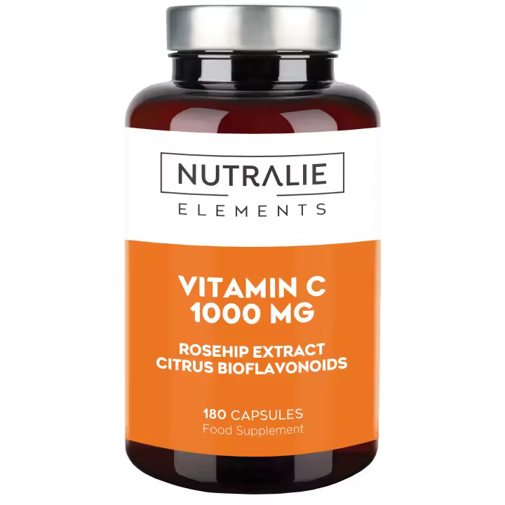 VITAMINA C 1000 mg Pura - con Rosa Canina + Ácido Ascórbico - Cansancio Defensas - Antioxidante - Bioflavonoides + Vitamin C Pura Natural Vegana - 180 Cápsulas Veganas Nutralie - 1