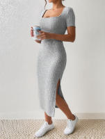 Vestido De Verano Para Mujer Con Cuello Cuadrado Y Falda De Medio Tamaño Vestido Corto Con Abertura Versátil De Poliéster Slim Fit - details 0