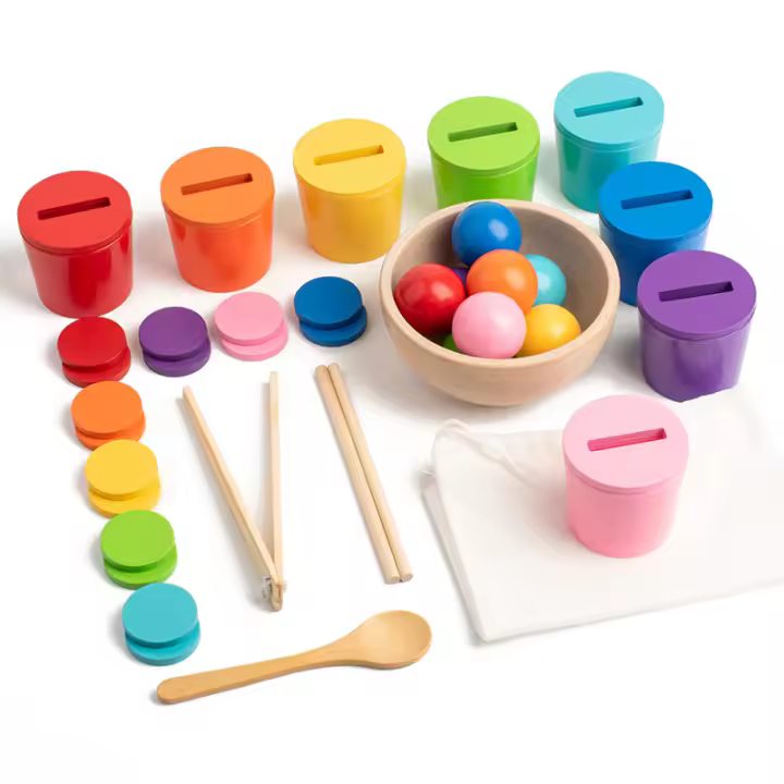 Juguete Montessori De Madera Juego De Colores Y Alineación Con Bolas Arcoíris En Copas Educación Temprana Para Niños De Preescolar Edad 3+ - 1