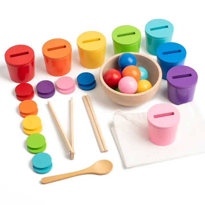 Juguete Montessori De Madera Juego De Colores Y Alineación Con Bolas Arcoíris En Copas Educación Temprana Para Niños De Preescolar Edad 3+ - 1