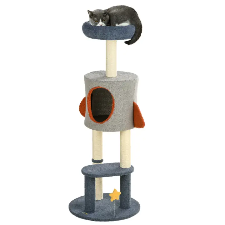 PawHut Árbol Rascador para Gatos de 116 cm Tipo de Cohete Torre para Gatos Interior con Postes para Rascar Cama Cueva y Juguete Estrella Ø44x116 cm Azul - 1