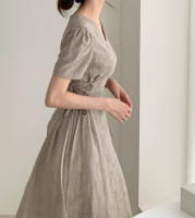 Vestido Largo De Algodón Y Lino Para Mujer Estilo Retro Vintage Con Manga Corta Diseño Sólido A-Line Cuello V Moda De Oficina - details 24