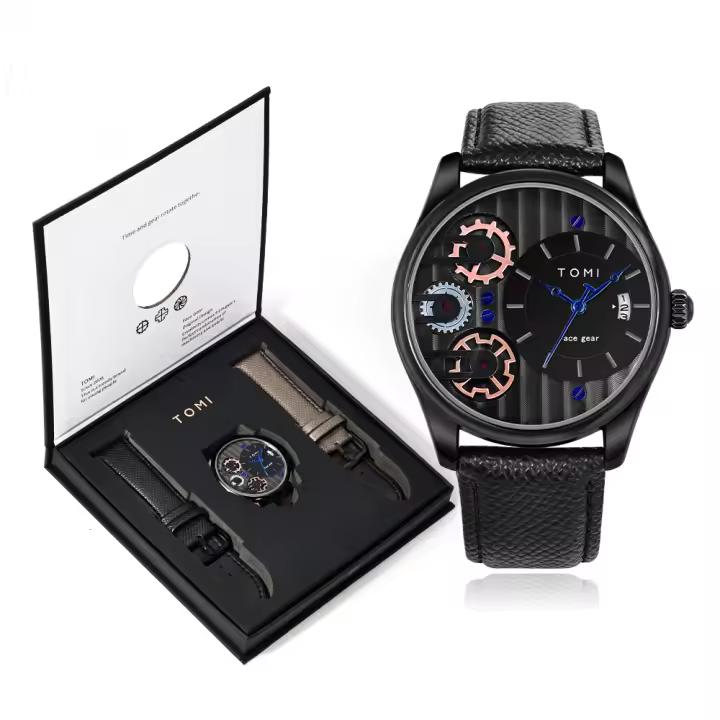 Reloj De Cuarzo Para Hombre TOMI Con Correa Desmontable Estilo Negocios Y Sencillo Caja De Regalo De Fiestas Material De Pulsera PU Calendario Completo Resistente Al Agua - 1