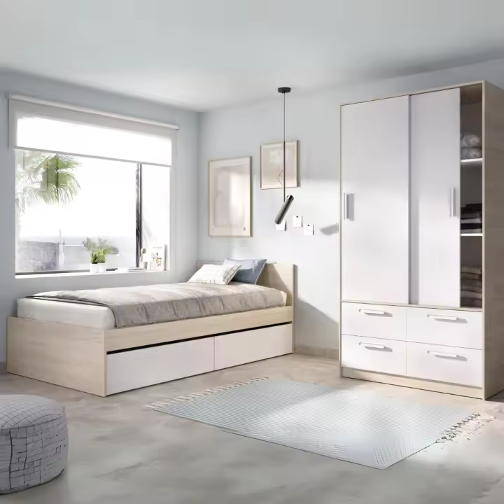 Conjunto de dormitorio Top Pack 1 cama + armario blanco/natural - 1