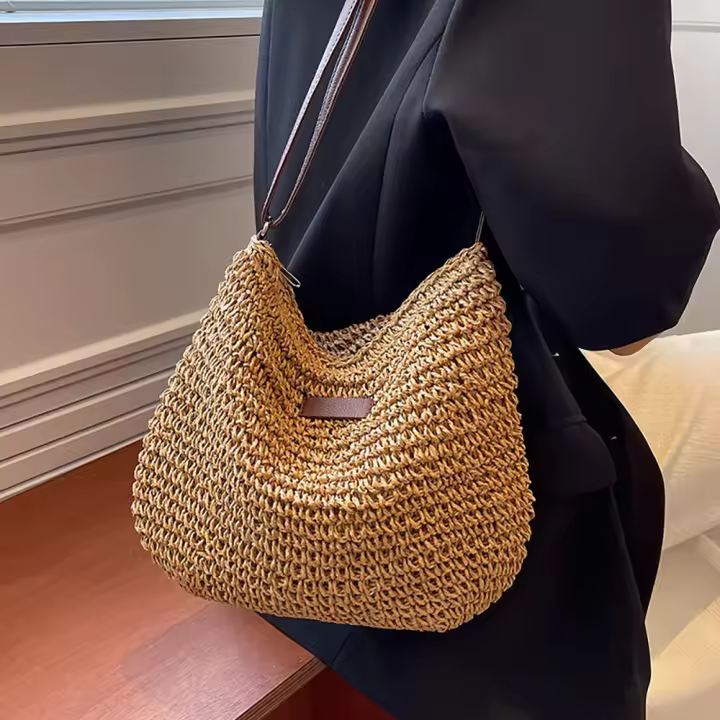Bolso de mano de paja de gran capacidad para mujer, bolso de hombro tejido hueco, informal, de viaje, de mimbre, para playa y verano - 1