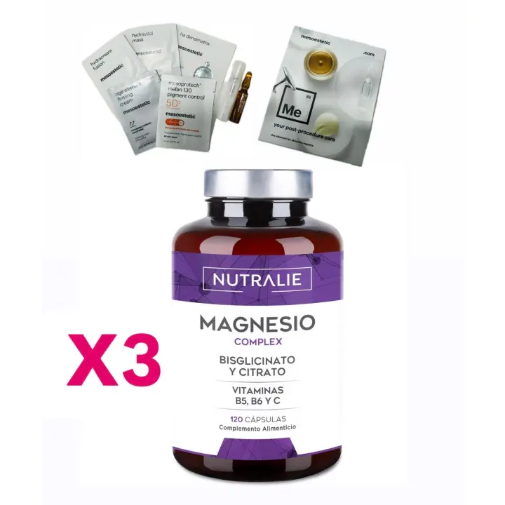 NEW!!! PACK 3 UNIDADES MAGNESIO NUTRALIE + REGALO RITUAL BELLEZA MESOESTETIC . Magnesio Bisglicinato 600mg - Reduce Cansancio y Fatiga, Alivia Dolor Articulaciones y Músculos - Magnesium Alta Biodisponibilidad |120 Cápsulas Nutralie - 1