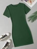 Vestido Mini Casual De Verano Para Mujer Verde Sólido Cuello Redondo Manga Corta Ajustado Estilo A-Line Nuevo 2024 - details 2