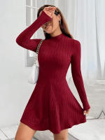 Vestido De Mujer Ajustado Con Cuello Alto Mitad A-line Falda Larga Manga Completa Rayas Vestido De Oficina Lady Cintura Empírica - details 6