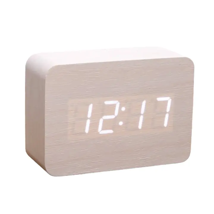 PORCHEDDU Reloj despertador digital de Madera with Brillo ajustable, control de Voz, LED, Pantalla rectangular, Hora y temperatura, decoración del Hogar - 1